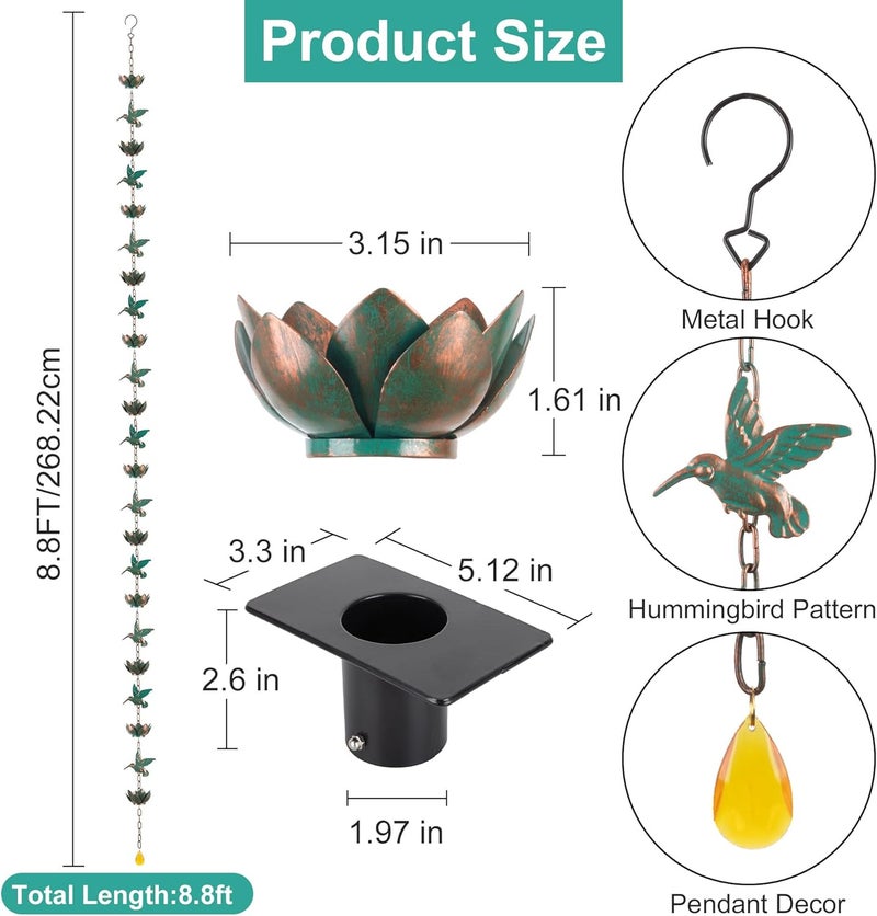 shumi 8.8ft Rain Chain for Gutters Downspouts Outside,Hummingbird Rain Chain with 12 Copper Lotus Rain Chain Cups,Functional and Decorative Replacement for Gutter Downspouts - Image 3